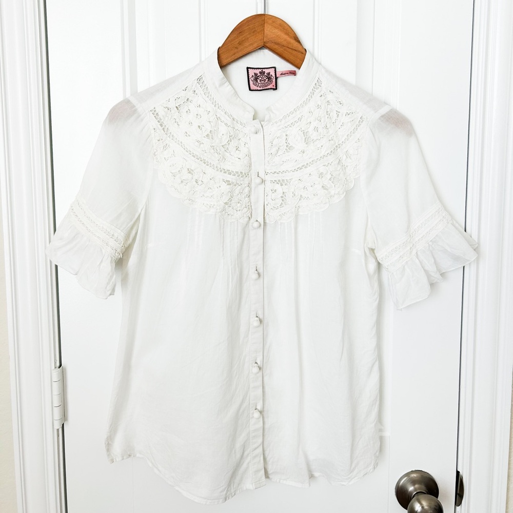 Juicy Couture White Lace Yoke Button-Up Blouse